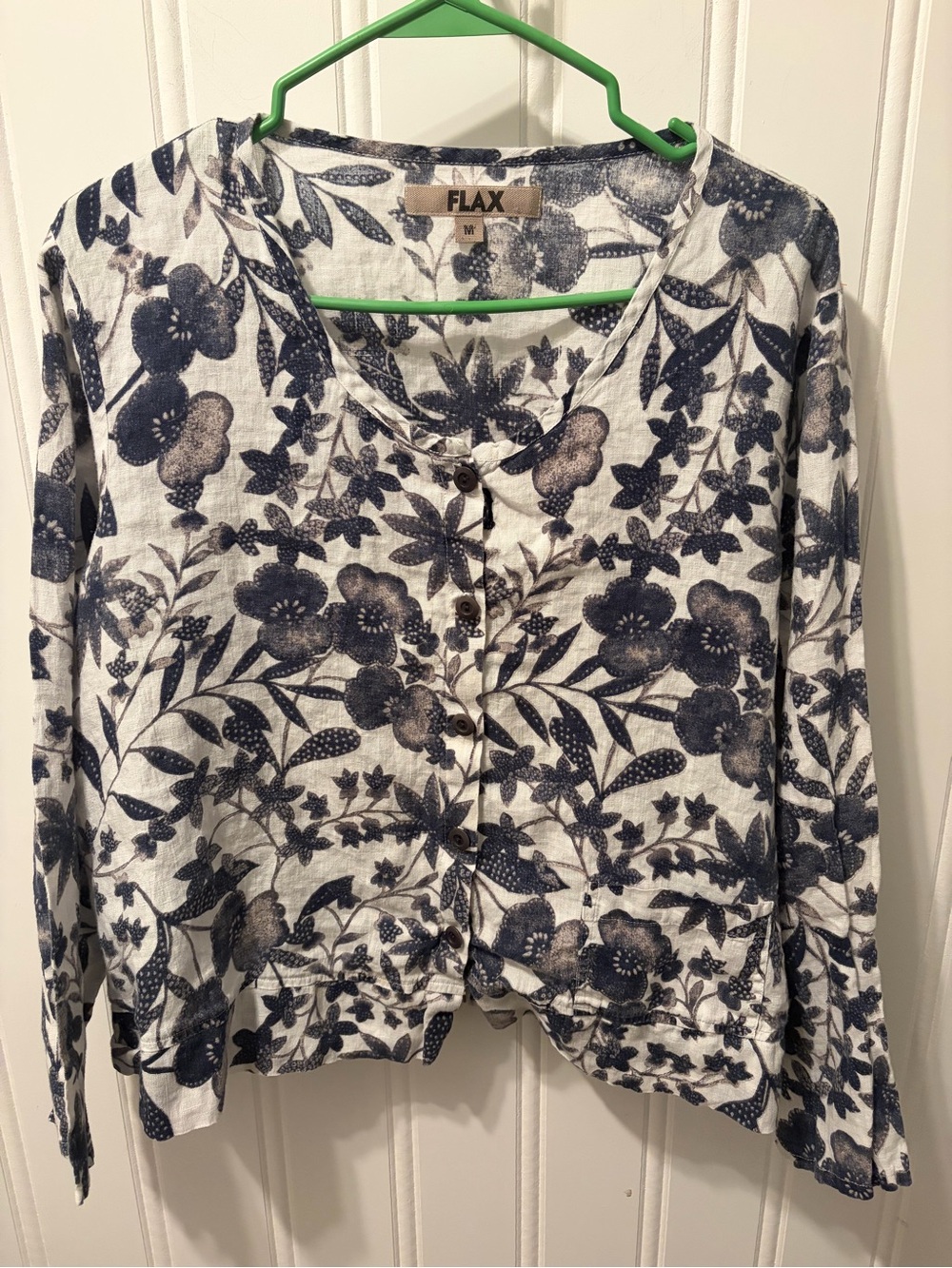 Flax Linen Button Front Floral Print Top Size Medium
